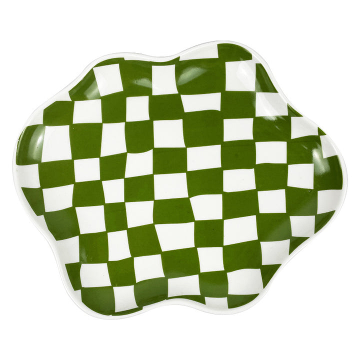 Aesthetic checkerboard display tray in green showcasing a striking hand-painted porcelain design perfect for adding modern simplicity to your space versatile for serving or display.