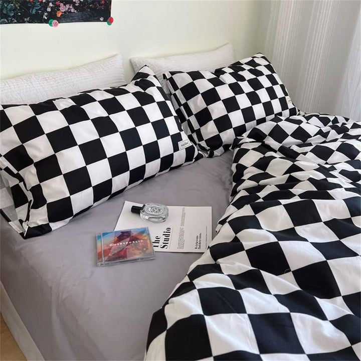 VibeCore Checkered Duvet Cover Set Black & White Left Aerial Close Up