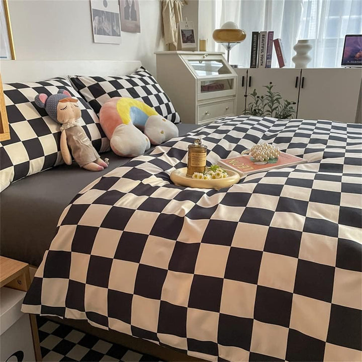VibeCore Checkered Duvet Cover Set Black & White Right Close Up