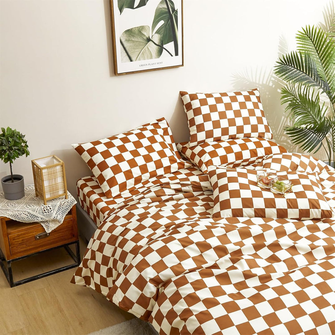 VibeCore Checkered Duvet Cover Set Brown Aerial Top View