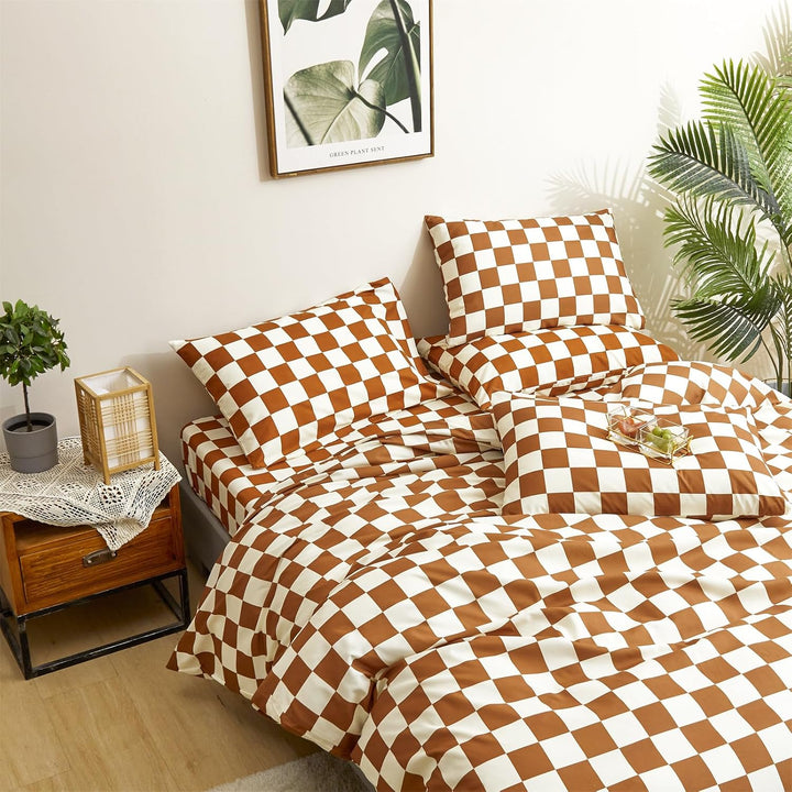 VibeCore Checkered Duvet Cover Set Brown Aerial Top View