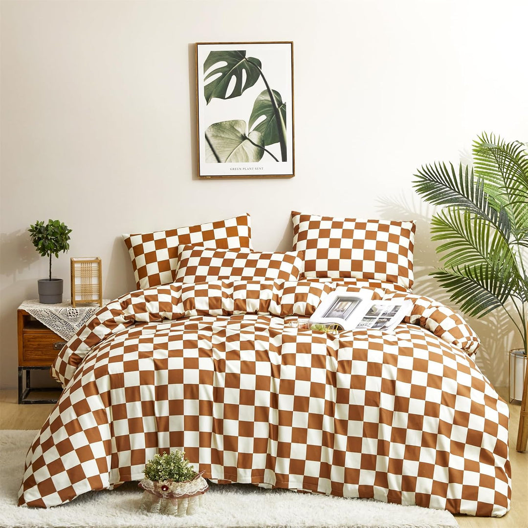 VibeCore Checkered Duvet Cover Set Brown Product View