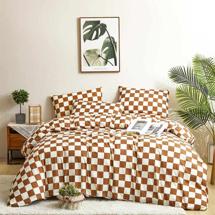 VibeCore Checkered Duvet Cover Set Brown Product View