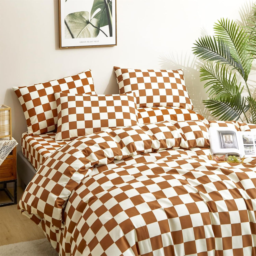 VibeCore Checkered Duvet Cover Set Brown Top View
