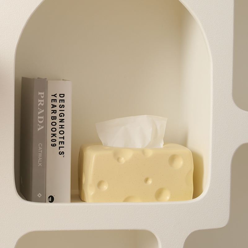 Cheese-shaped ceramic tissue box on a bookshelf, adding a playful and unique touch to the decor.