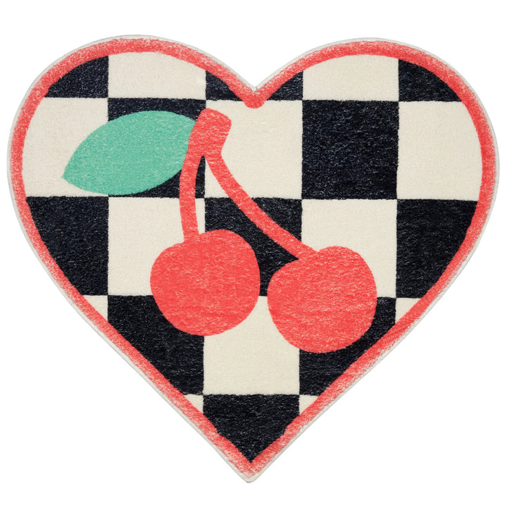 VibeCore Cherry Chessboard Accent Rug product view, showcasing its playful cherry designs paired with classic chessboard patterns. Soft, fluffy texture with a non-slip backing, ideal for adding comfort and style to any space. Durable and easy to clean.