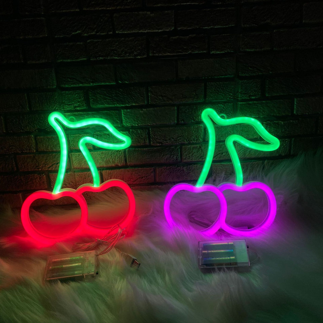 Aesthetic VibeCore Cherry Neon Light in red and pink, USB or battery-powered LED sign for trendy bedroom, dorm, or lounge decor, adding a playful, vibrant glow to elevate your space.