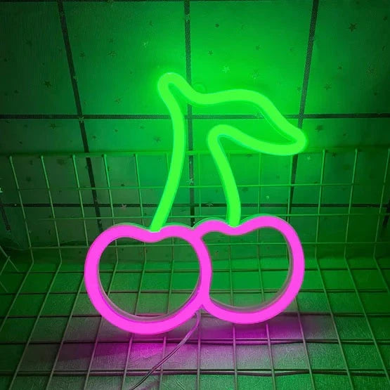 Aesthetic VibeCore Cherry Neon Light in pink, USB or battery-powered LED sign for trendy bedroom, dorm, or lounge decor, adding a playful, vibrant glow to elevate your space.