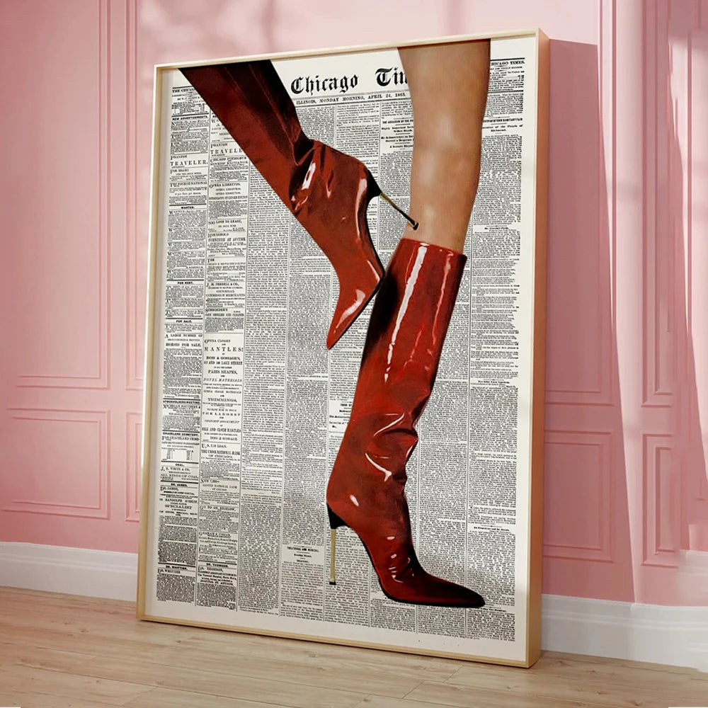 VibeCore Chic Newspaper Boots Canvas Print Option A