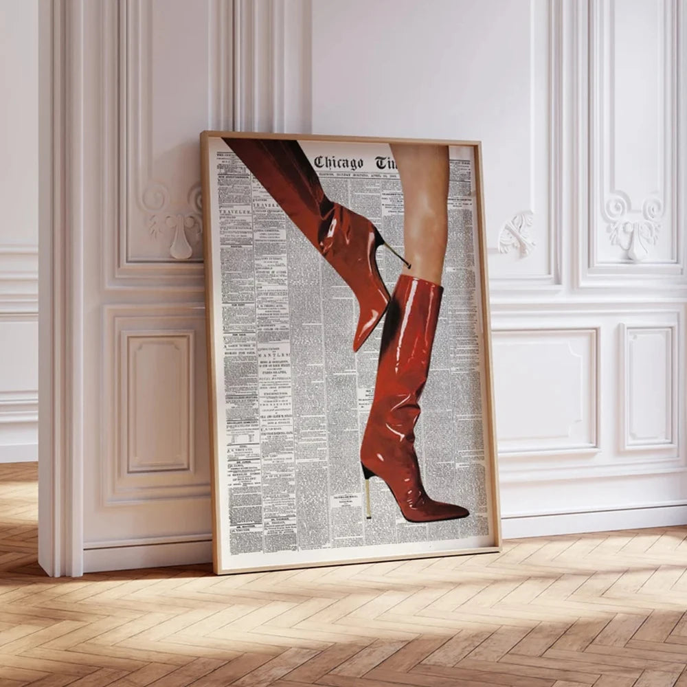 VibeCore Chic Newspaper Boots Canvas Print Option A Leaning Against White Wall