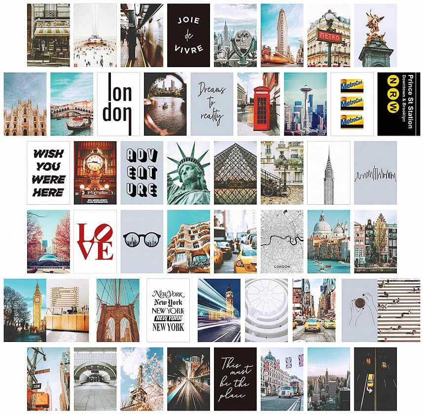VibeCore City Girl Wall Collage Kit featuring 50 trendy city prints capturing iconic landmarks and chic cityscapes. Perfect for dorm room, bedroom, travel decor, metropolitan vibes, wanderlust, urban-inspired, modern aesthetic, and stylish city wall art.