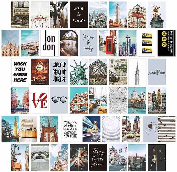 VibeCore City Girl Wall Collage Kit featuring 50 trendy city prints capturing iconic landmarks and chic cityscapes. Perfect for dorm room, bedroom, travel decor, metropolitan vibes, wanderlust, urban-inspired, modern aesthetic, and stylish city wall art.