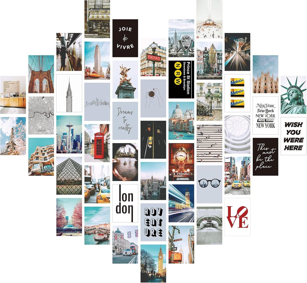 VibeCore City Girl Wall Collage Kit showcasing half of the prints featuring 50 trendy city prints capturing iconic landmarks and chic cityscapes. Perfect for dorm room, bedroom, travel decor, urban-inspired, wanderlust, modern aesthetic, and stylish city wall art.