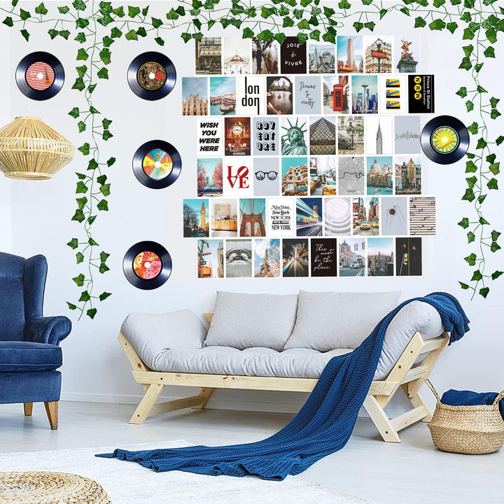 VibeCore City Girl Wall Collage Kit in living room featuring 50 trendy city prints capturing iconic landmarks and chic cityscapes. Perfect for boho decor, urban-inspired, wanderlust, travel vibes, modern living room styling, and stylish city wall art.