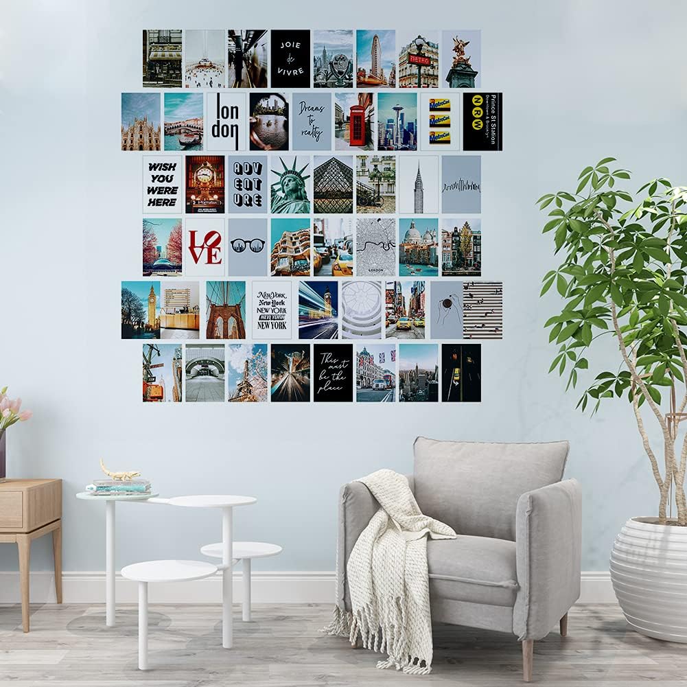 VibeCore City Girl Wall Collage Kit on wall featuring 50 trendy city prints capturing iconic landmarks and chic cityscapes. Perfect for dorm room, bedroom, travel decor, urban-inspired, wanderlust, modern aesthetic, and stylish city wall art.