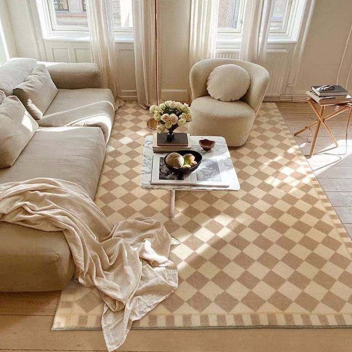 VibeCore Classic French Grid Area Rug in living room, elegant grid pattern with neutral tones, smooth imitation cashmere texture, non-slip backing for safety, perfect for adding sophistication to any space.