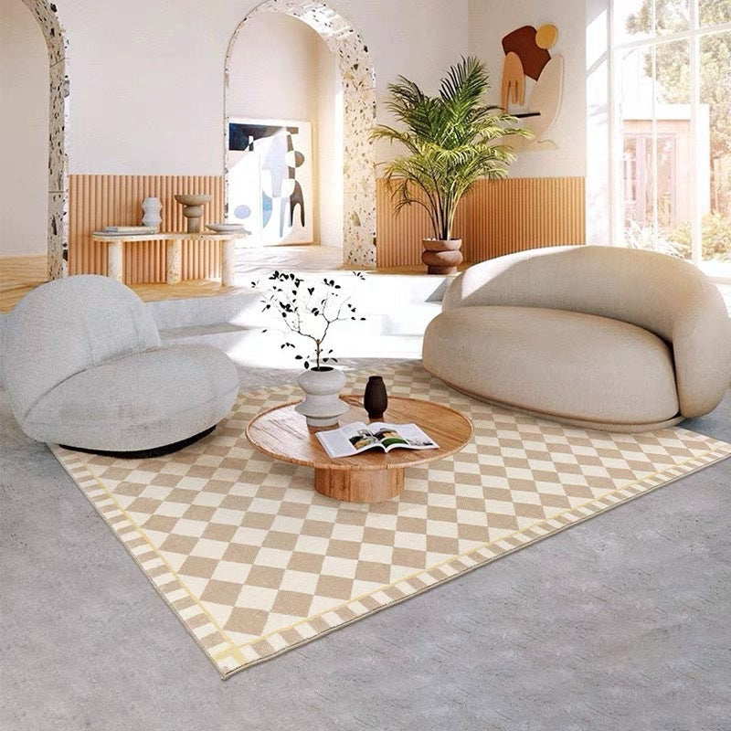 VibeCore Classic French Grid Area Rug in luxurious living room, sophisticated grid design with neutral tones, plush imitation cashmere texture, non-slip backing for safety, ideal for enhancing elegant spaces.