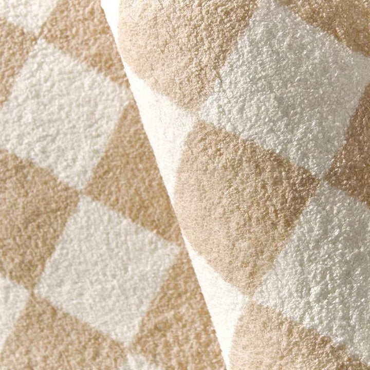 VibeCore Classic French Grid Area Rug material close-up, showcasing the luxurious imitation cashmere texture, soft feel, and intricate grid pattern in neutral tones.