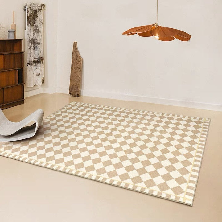 VibeCore Classic French Grid Area Rug on floor, featuring a chic grid pattern in neutral tones, soft imitation cashmere texture, and non-slip backing for secure placement in any room.