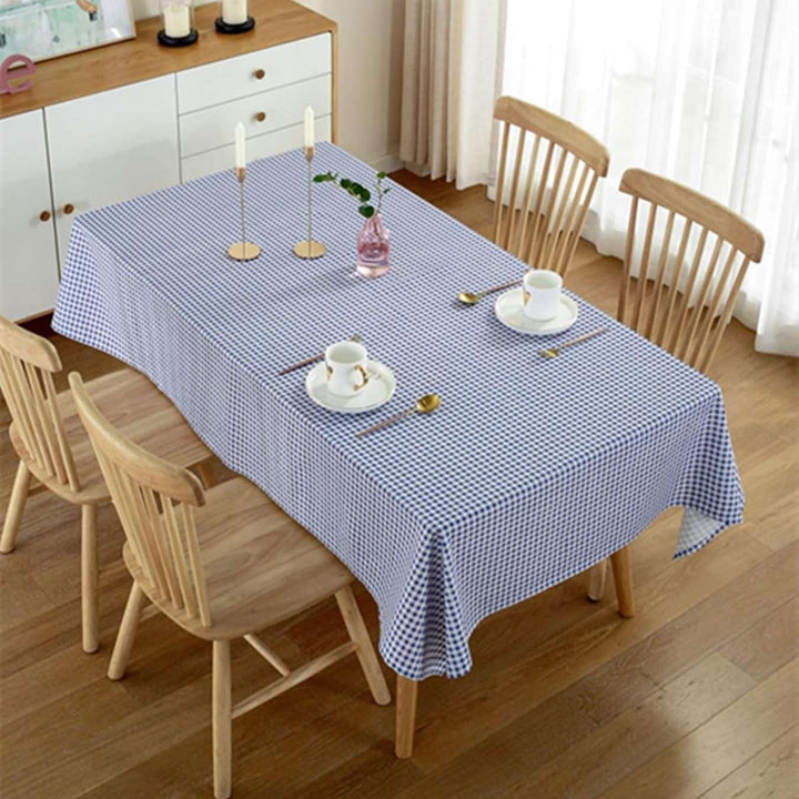 VibeCore Classic Picnic Plaid Tablecloth blue top view, displaying a vibrant plaid pattern, waterproof, fade-resistant fabric, perfect for adding style to any gathering or event.