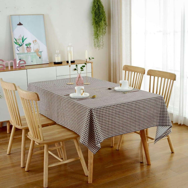 VibeCore Classic Picnic Plaid Tablecloth brown front view, featuring a vibrant plaid design, waterproof, fade-resistant fabric, ideal for enhancing your table setting at any gathering.