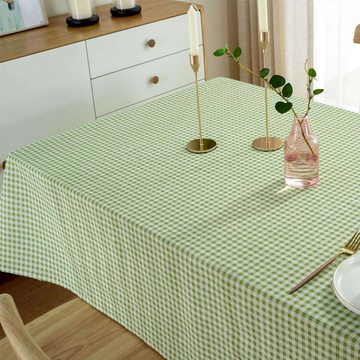 VibeCore Classic Picnic Plaid Tablecloth green top view, displaying a vibrant plaid pattern, waterproof, fade-resistant fabric, perfect for adding style to any gathering or event.