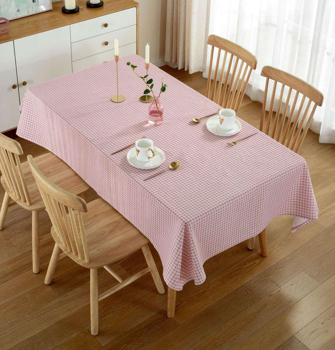VibeCore Classic Picnic Plaid Tablecloth light pink top view, displaying a vibrant plaid pattern, waterproof, fade-resistant fabric, perfect for adding style to any gathering or event.