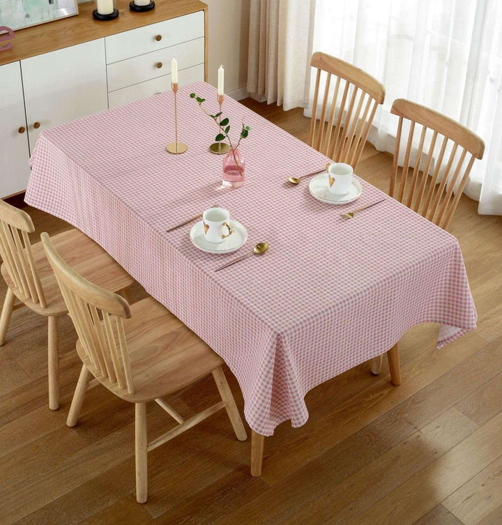 VibeCore Classic Picnic Plaid Tablecloth light pink top view, displaying a vibrant plaid pattern, waterproof, fade-resistant fabric, perfect for adding style to any gathering or event.
