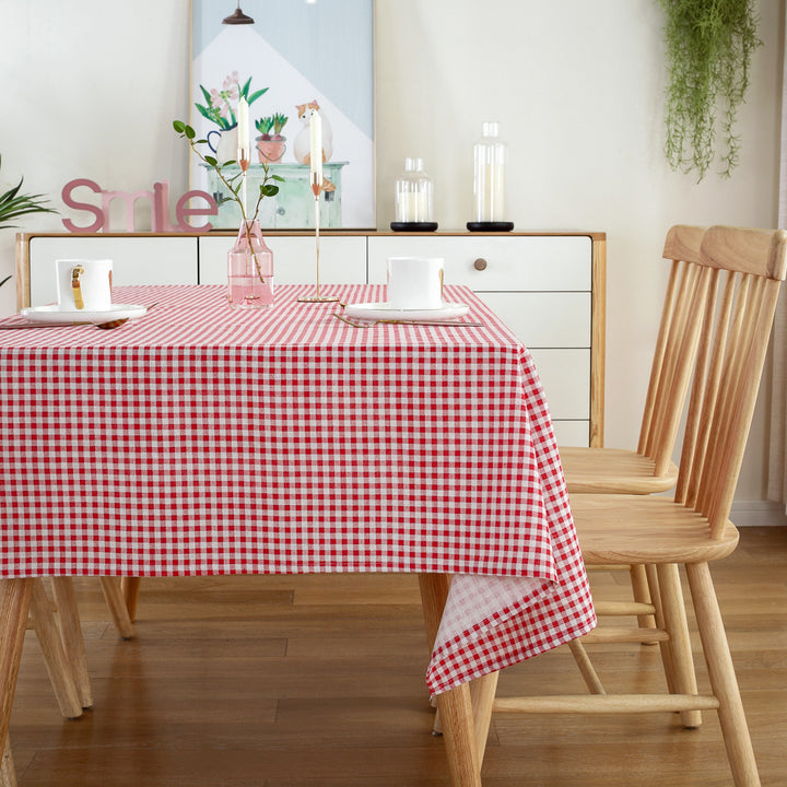 VibeCore Classic Picnic Plaid Tablecloth red side view, showcasing a vibrant plaid design, waterproof, fade-resistant fabric, and perfect for stylish gatherings.