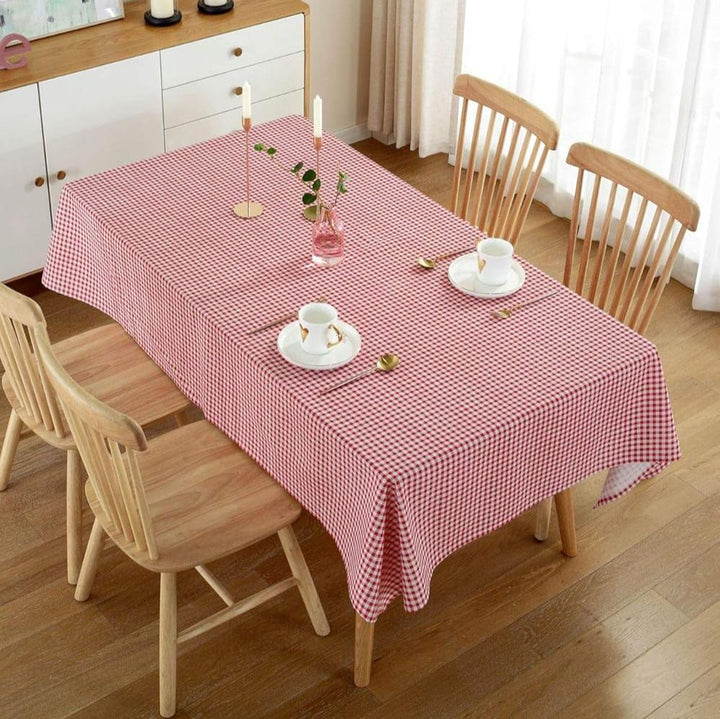 VibeCore Classic Picnic Plaid Tablecloth red top view, displaying a vibrant plaid pattern, waterproof, fade-resistant fabric, perfect for adding style to any gathering or event.