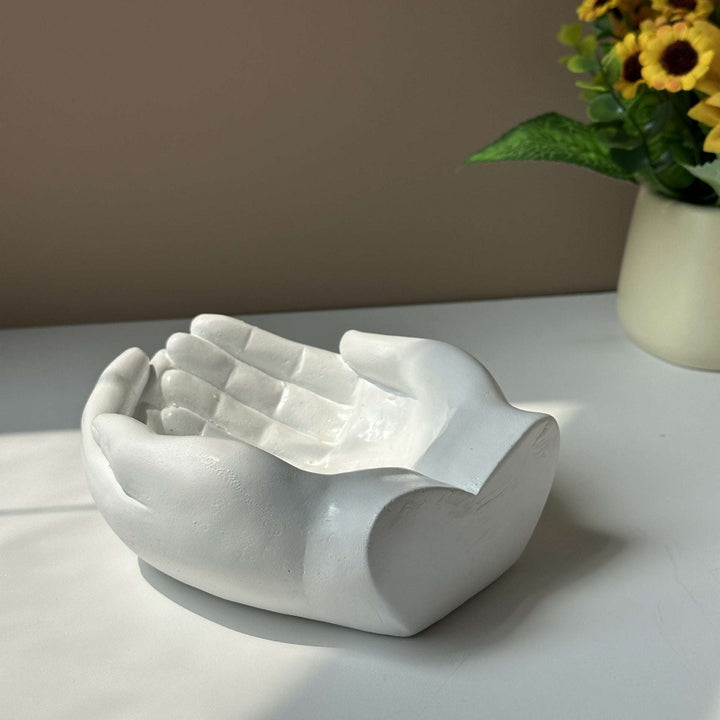 Side view back of the VibeCore Closed Hands Display Tray, highlighting its sturdy poly resin material and sleek, minimalist design.