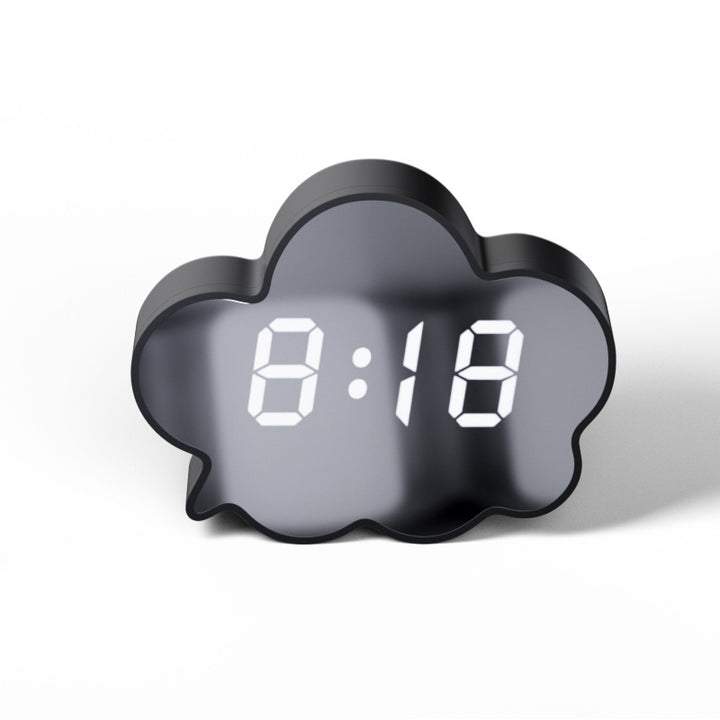 VibeCore Cloud Mirror Alarm Clock Black product view, showcasing its sleek black design with temperature display, adjustable brightness, energy-saving mode, and dual-function mirror feature.