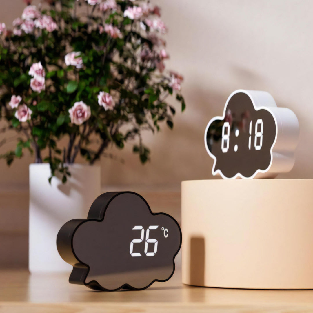 VibeCore Cloud Mirror Alarm Clock Black and White, featuring sleek minimalist designs with temperature display, adjustable brightness, energy-saving mode, and dual-function mirror feature for modern home decor.