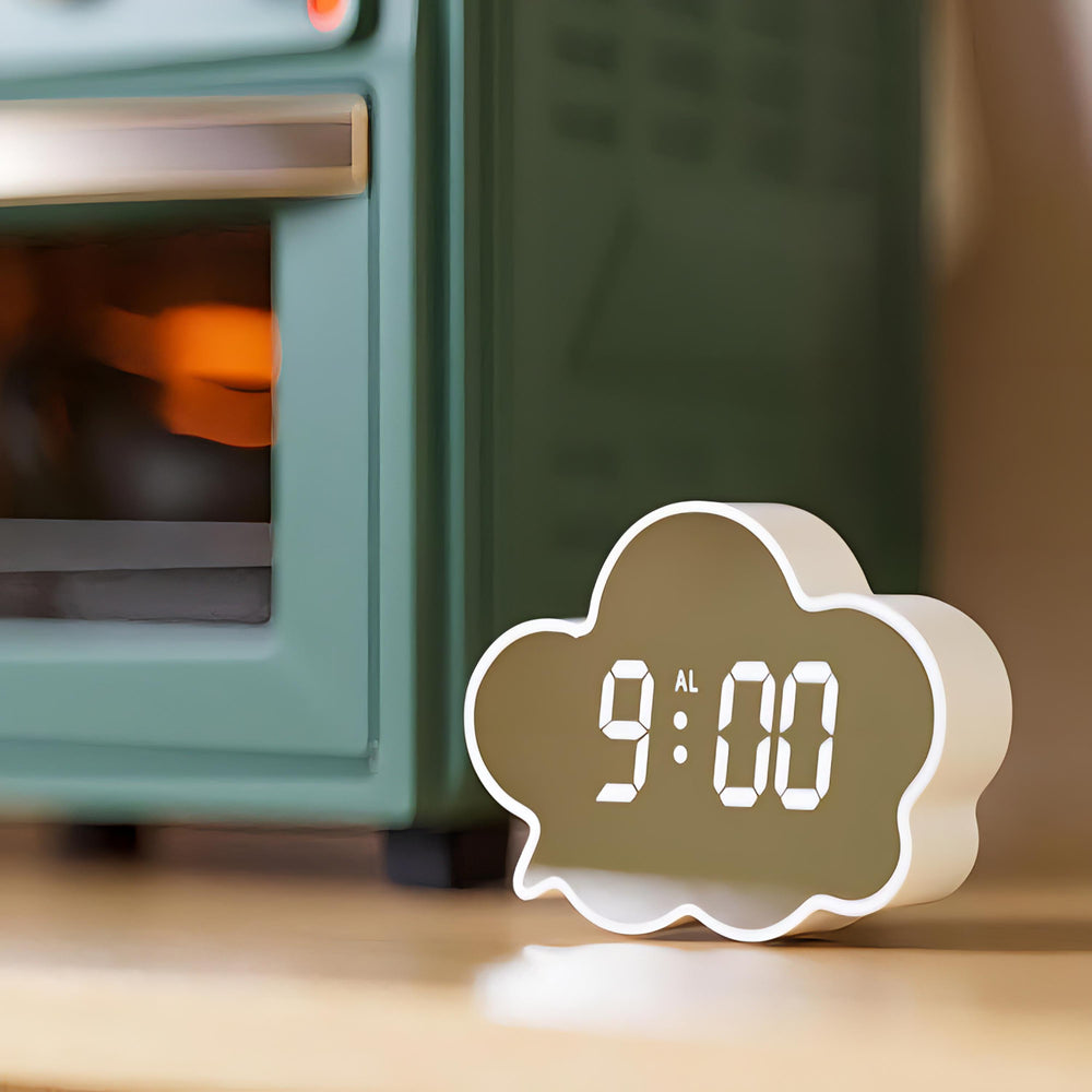 VibeCore Cloud Mirror Alarm Clock White on floor, featuring a sleek, minimalist design with temperature display, adjustable brightness, and energy-saving mode for modern home decor.