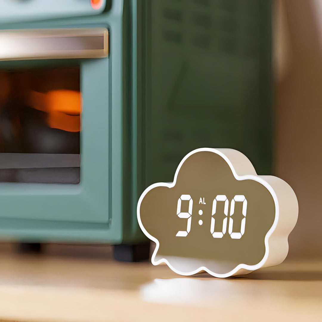 VibeCore Cloud Mirror Alarm Clock White on floor, featuring a sleek, minimalist design with temperature display, adjustable brightness, and energy-saving mode for modern home decor.