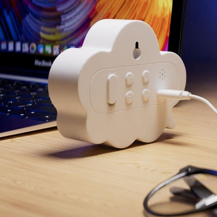 VibeCore Cloud Mirror Alarm Clock White plugged in, displaying its sleek design with adjustable brightness, temperature display, and energy-saving mode, perfect for modern home decor.