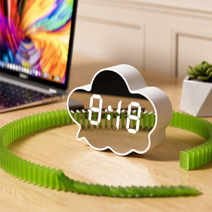 VibeCore Cloud Mirror Alarm Clock White on table, showcasing its sleek, minimalist design with temperature display, adjustable brightness, and dual-function mirror feature, perfect for any modern space.