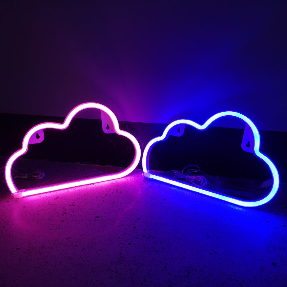 Aesthetic VibeCore Cloud Neon Light in pink and blue, USB-powered LED sign for cozy bedroom, dorm, or gaming room decor.