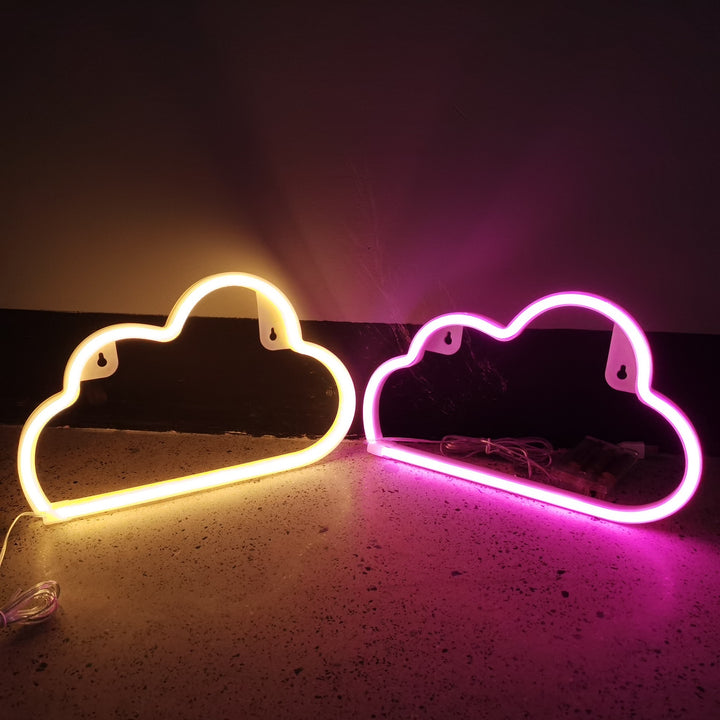 Aesthetic VibeCore Cloud Neon Light in warm white and pink, USB-powered LED sign for cozy bedroom, dorm, or gaming room decor.