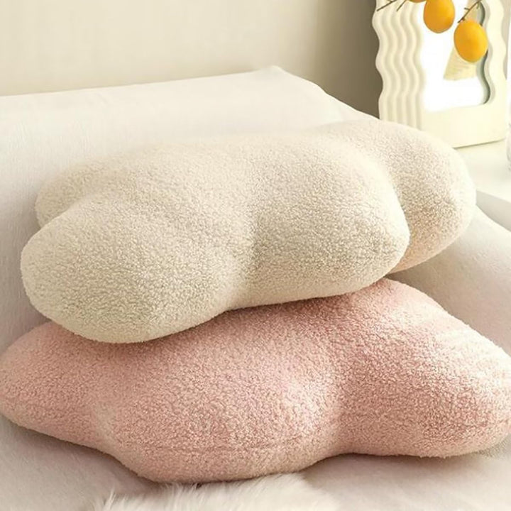 VibeCore Cloud Throw Pillow in rose and white, featuring a fluffy cloud shape. Made from soft PP cotton, this cozy pillow combines a calming, dreamy vibe with ultimate comfort, adding a serene and cheerful touch to your space.