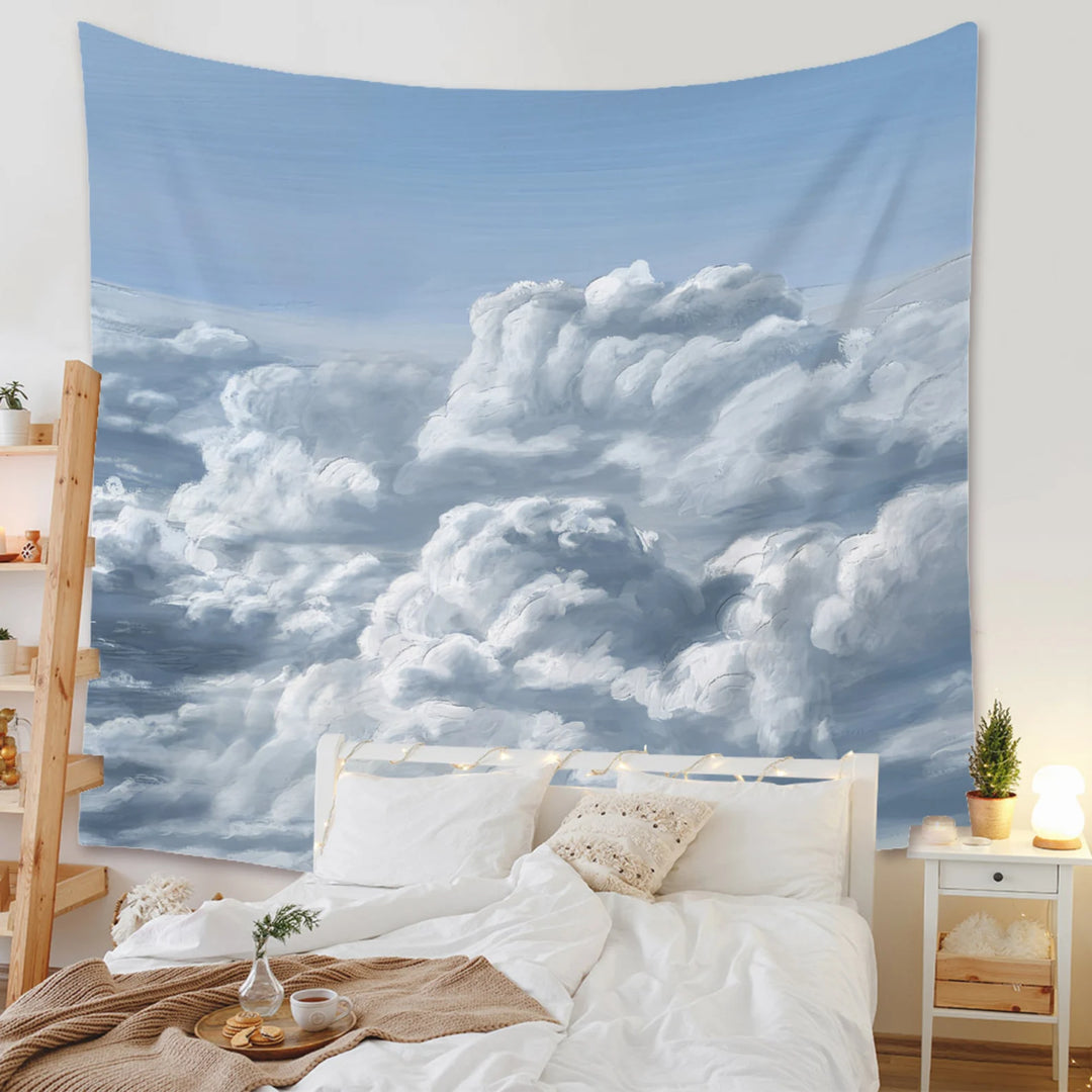 VibeCore Clouds In The Sky Tapestry Behind Bed