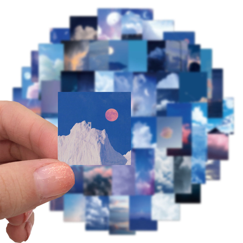 Close-up of VibeCore Cloudy Skies Sticker showcasing soft, fluffy clouds and dreamy skies, capturing a serene, peaceful aesthetic for your personal items.