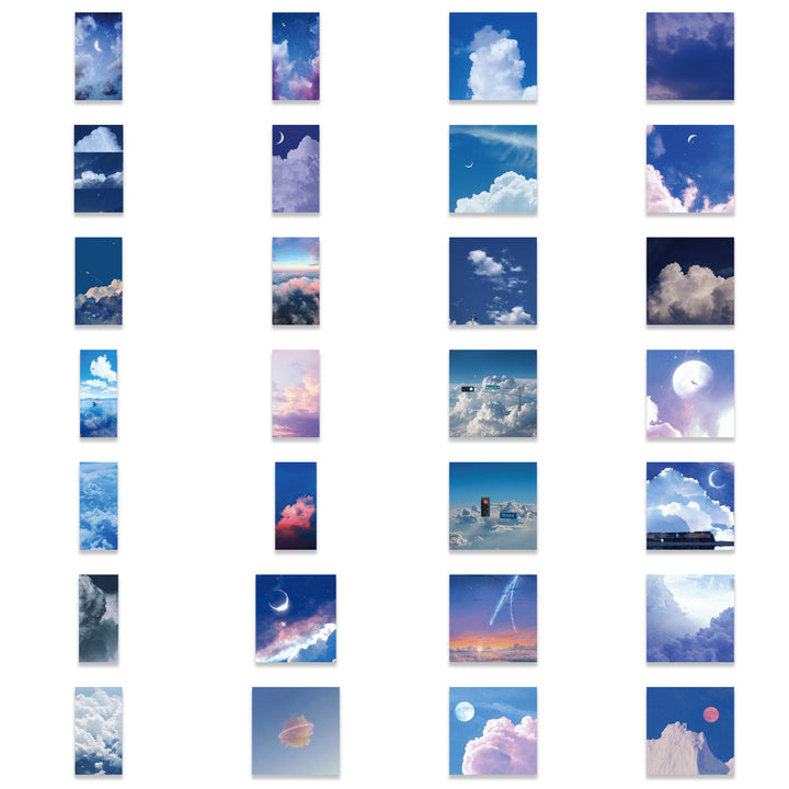 VibeCore Cloudy Skies Stickers set featuring 28 cloud-inspired designs, including soft clouds and dreamy skies, perfect for adding a serene, aesthetic touch to your gear.