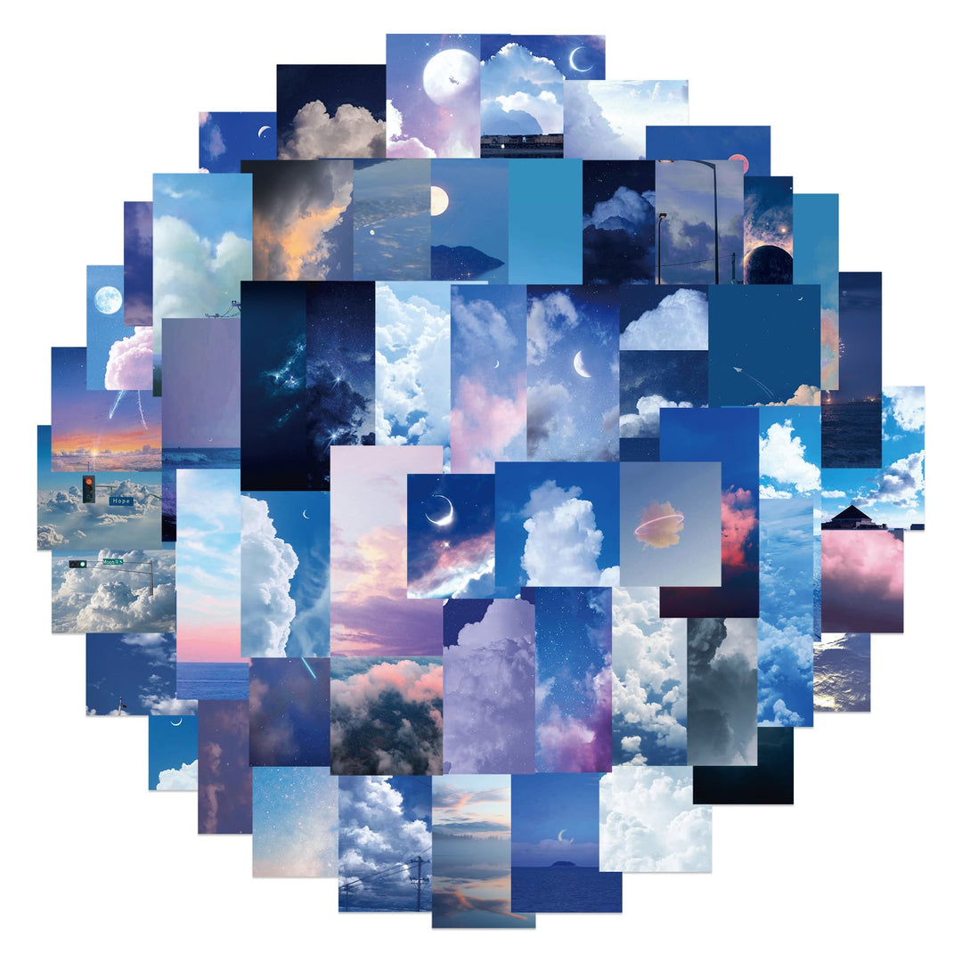 Circular cluster of VibeCore Cloudy Skies Stickers featuring soft, fluffy cloud designs and dreamy skies, perfect for adding a serene, peaceful touch to your accessories.