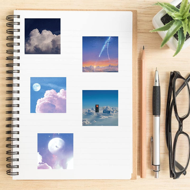 VibeCore Cloudy Skies Stickers on a notebook, showcasing soft clouds and dreamy skies, bringing a peaceful, aesthetic vibe to your personal items.