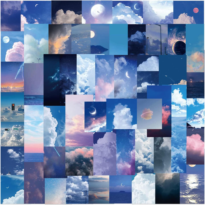 Rectangular cluster of VibeCore Cloudy Skies Stickers featuring soft, fluffy clouds and dreamy sky designs, ideal for personalizing your laptop, water bottle, or notebook with a calm, aesthetic touch.