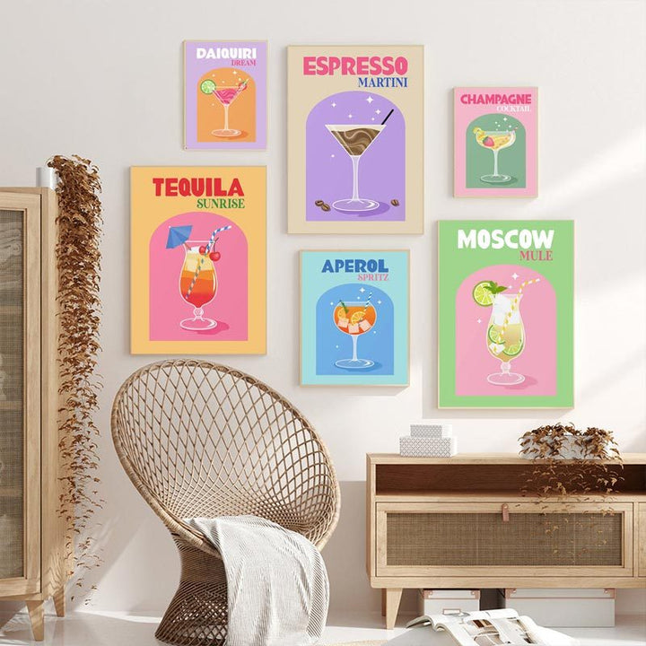Framed collage of colorful cocktails canvas posters displayed on a wall, featuring vibrant digital art designs of drinks like the Espresso Martini, Aperol Spritz, Tequila Sunrise, and Moscow Mule, adding a playful and stylish touch to the space.