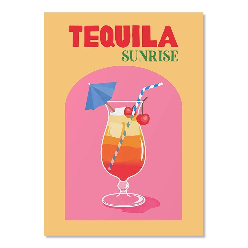 Bright and playful digital art of a Tequila Sunrise cocktail, featuring warm orange and red hues, adding a lively and tropical touch to your space.