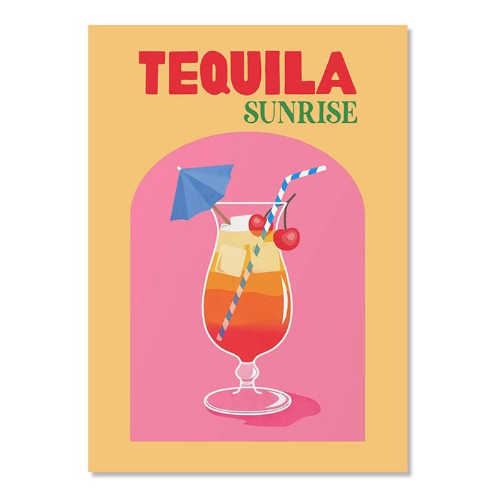 Bright and playful digital art of a Tequila Sunrise cocktail, featuring warm orange and red hues, adding a lively and tropical touch to your space.