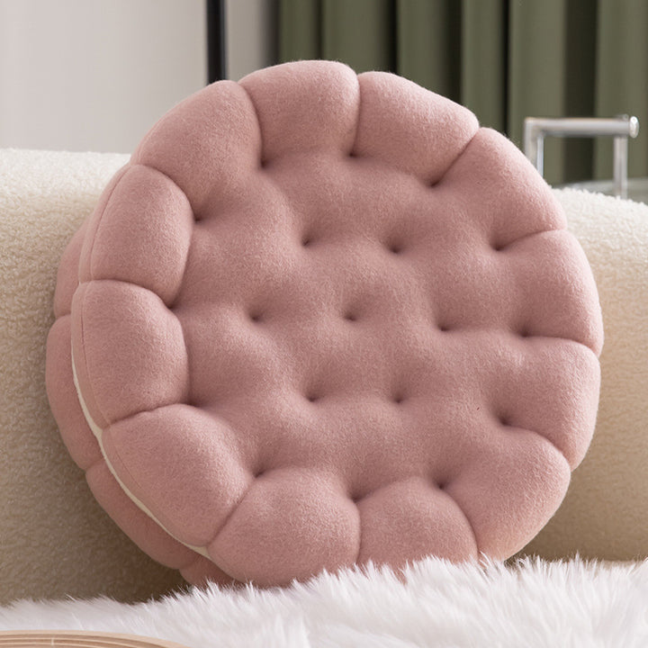 VibeCore Cookie Sandwich Throw Pillow in strawberry color, shaped like a fun cookie sandwich, adding a playful and cozy touch to your space.
